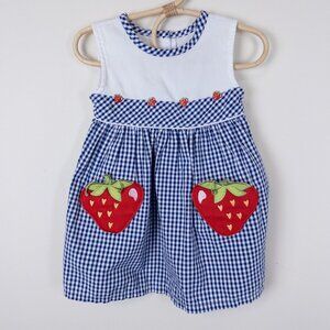 Vintage Y2K Youngland Gingham Strawberry Summer Dress Baby White Navy 24m